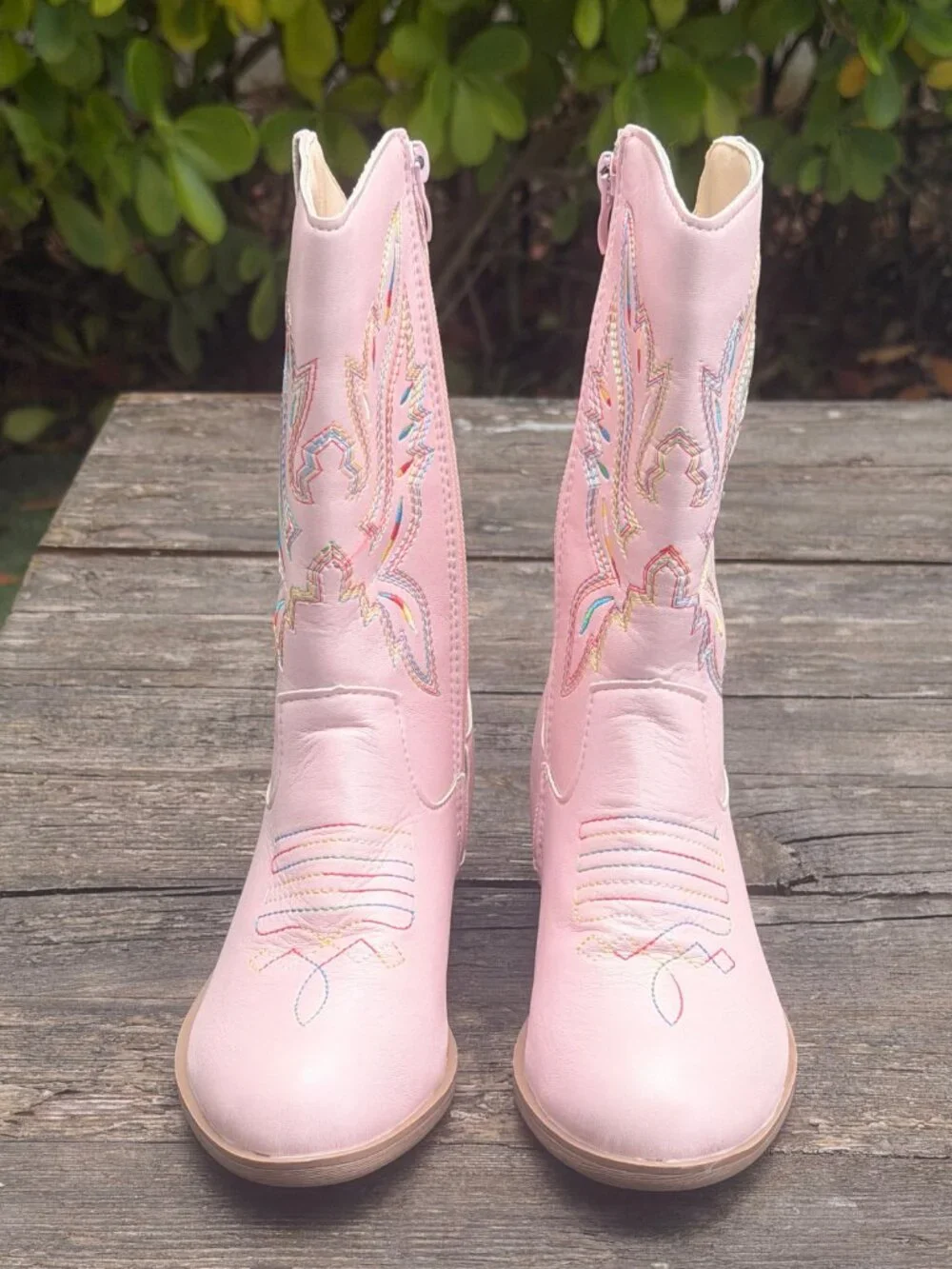 Kids Western Cowgirl Boots Girls Cowboy Boots Round Toe Pink Rainbow Stitch sz 1